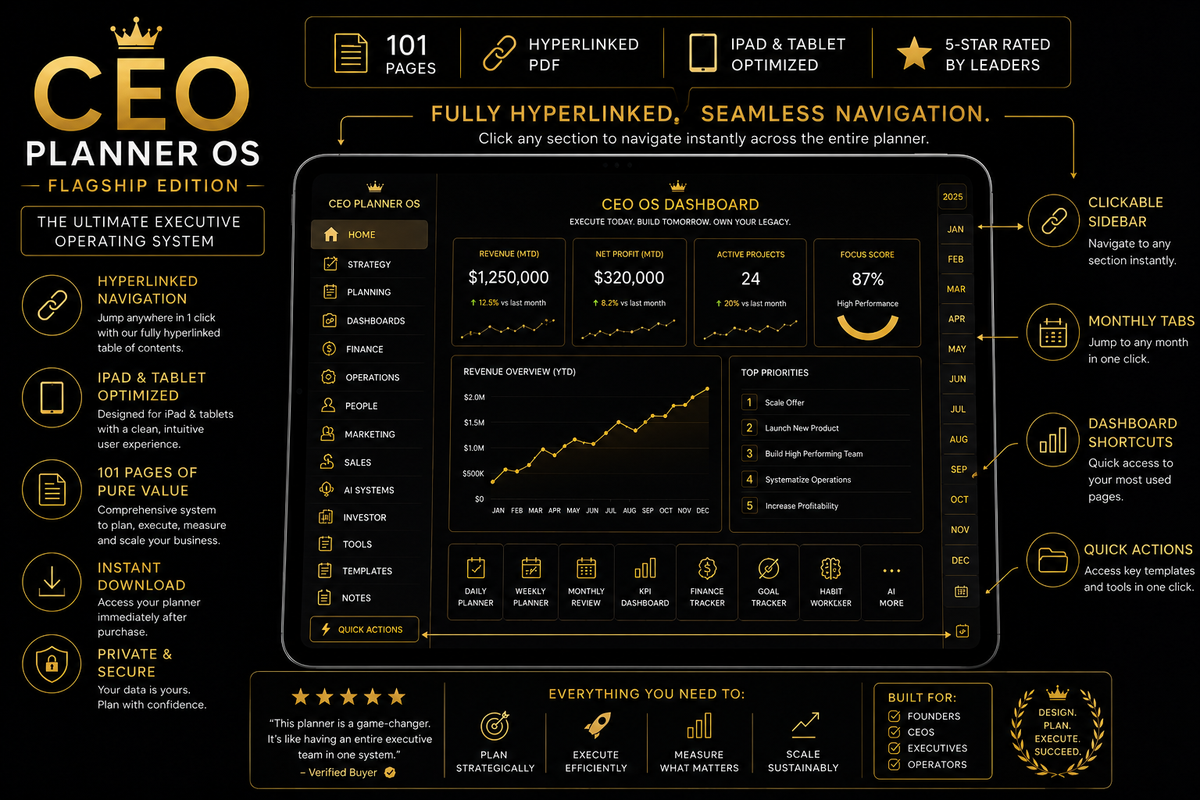 A promotional graphic for the CEO Planner OS Flagship Edition desktop operating system, displayed on a large tablet mockup with surrounding feature callouts on a black background.