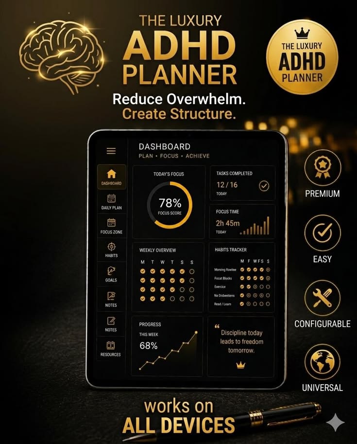 Promotional graphic for The Luxury ADHD Planner, showing a smartphone mockup with a dark dashboard interface and gold text overlays on a black background with decorative icons and a pen.