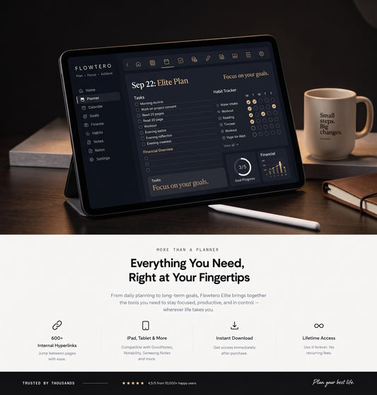 A tablet on a dark wooden desk displaying the Flowero planner app, with a white mug and notebooks nearby. Below, a large text banner reads 'Everything You Need, Right at Your Fingertips' with feature icons and the Flowero branding.