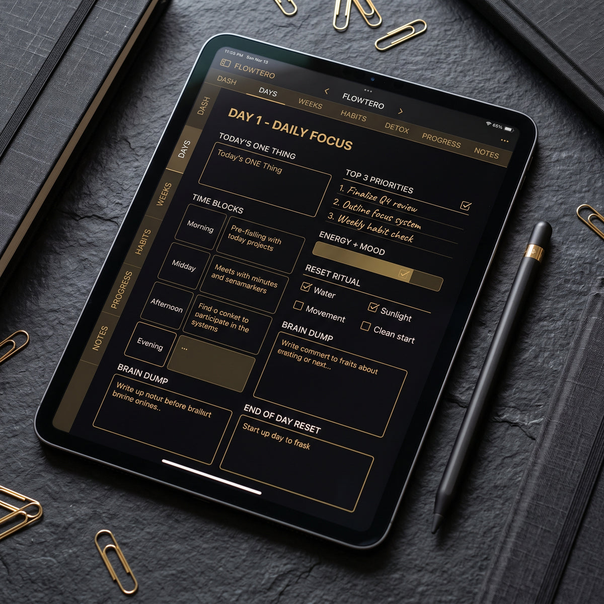 Close-up view of Day 1 Daily Focus planner page in Flowtero ADHD Focus System showing Top 3 Priorities, Time Blocks, and Brain Dump sections on iPad.