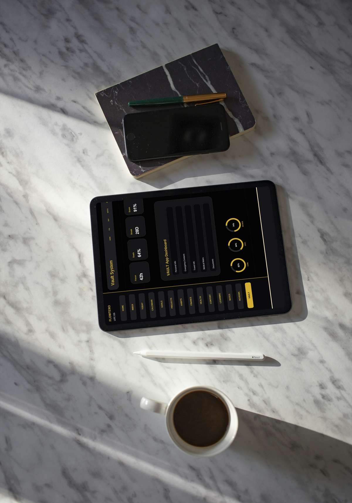 Hyperlinked weekly and daily calendar view on tablet for GoodNotes and Notability