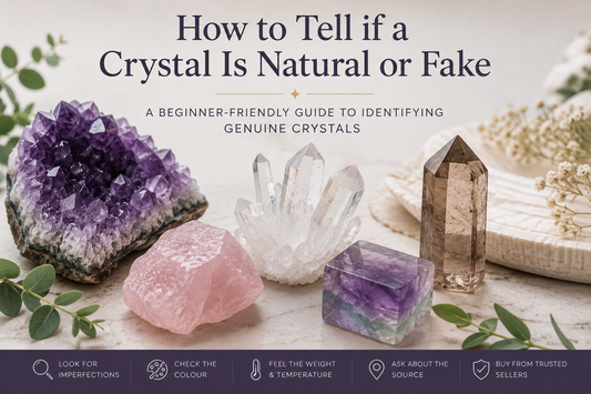 Natural crystal specimens featured in a beginner's guide explaining how to tell if a crystal is natural or fake.