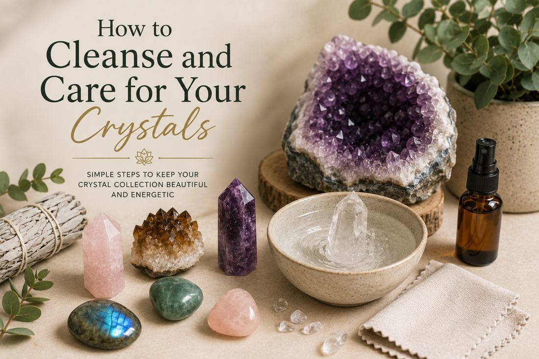 Natural crystal collection with amethyst geode, crystal towers, cleansing bowl, sage bundle and microfiber cloth for crystal care and cleaning.
