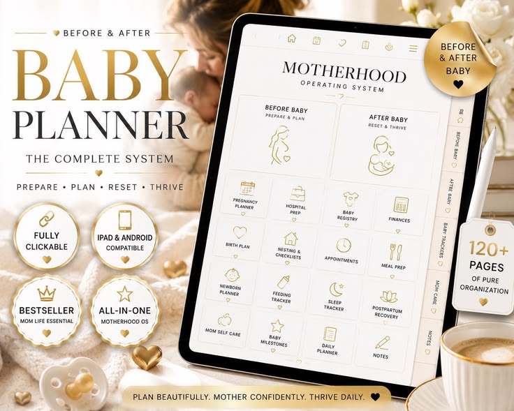 Interactive pregnancy and newborn tracking hubs with hyperlinked tabs on iPad screen in Flowtero Baby OS digital planner.