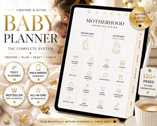 Interactive pregnancy and newborn tracking hubs with hyperlinked tabs on iPad screen in Flowtero Baby OS digital planner.