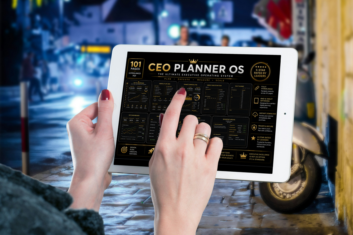 A person holds a white tablet displaying a black and gold 'CEO Planner OS' infographic, with a blurred nighttime street scene in the background.