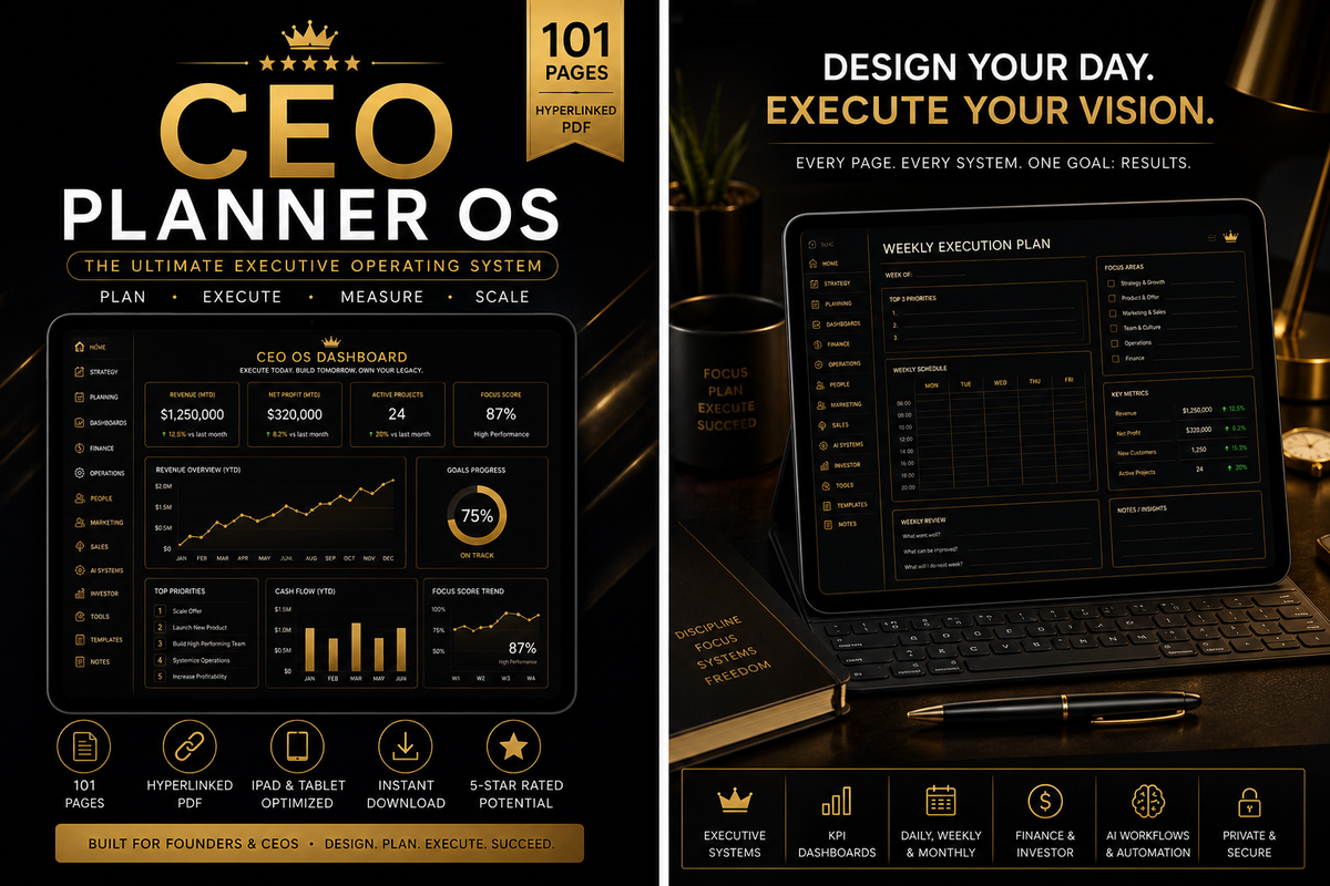 A promotional graphic for a digital planner template called 'CEO Planner OS'. The image is split into two panels: the left shows the digital cover design with gold and black typography over dark charts and graphs, and the right shows a laptop displaying the planner interface on a desk with a pen.