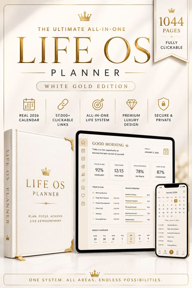 Promotional graphic for a digital planner product titled 'Life OS Planner' in a white and gold edition. The image shows a physical planner cover on the left, a tablet in the center displaying a dashboard, and a smartphone on the right, all on a clean white background with feature callouts and text such as '1044 pages' and 'Fully clickable.