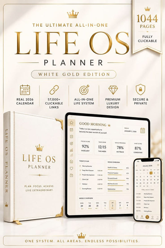 Promotional graphic for a digital planner product titled 'Life OS Planner' in a white and gold edition. The image shows a physical planner cover on the left, a tablet in the center displaying a dashboard, and a smartphone on the right, all on a clean white background with feature callouts and text such as '1044 pages' and 'Fully clickable.