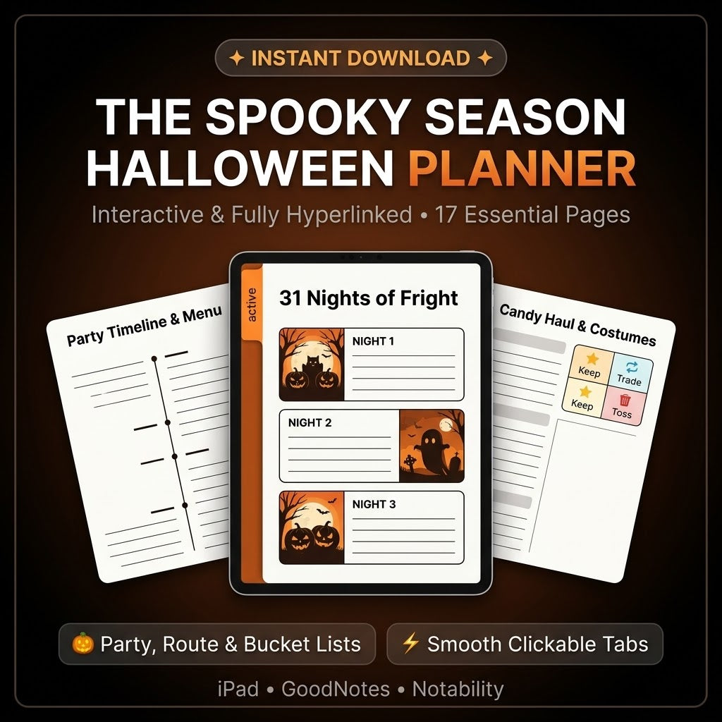 Promotional graphic for a digital 'The Spooky Season Halloween Planner' instant download, showing a tablet with a planner page titled '31 Nights of Fright' and two additional planner pages behind it on a dark brown background.