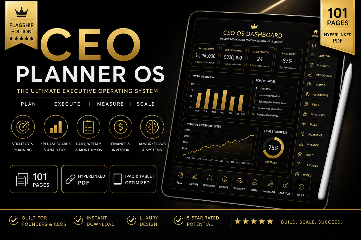 Promotional graphic for a digital planner template called 'CEO Planner OS' showing a tablet mockup with a dark dashboard interface, gold typography, and feature callouts including '101 Pages' and 'Hyperlinked PDF'.