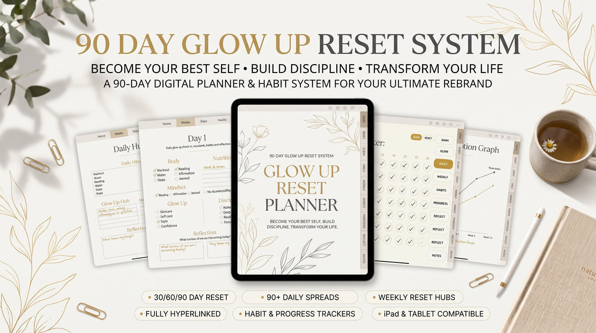 Flowtero 90-Day Glow Up Reset System luxury white and gold digital planner hero banner showing multiple iPad spread previews and key features for GoodNotes.