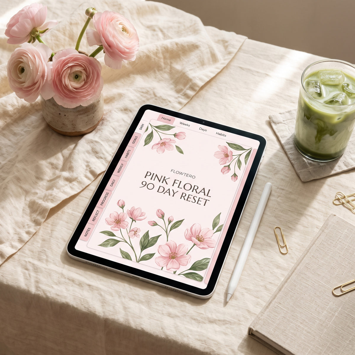 Interactive app-like 30 day habit tracker screen in Flowtero Pink Floral digital planner with clickable hyperlinked tabs on iPad.