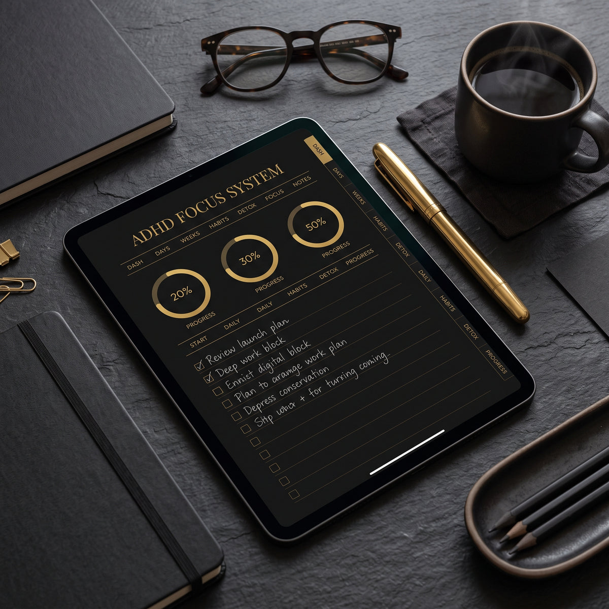 Flowtero ADHD digital planner habit tracker and dopamine detox dashboard spread displayed on iPad Pro in elegant black and gold aesthetic.