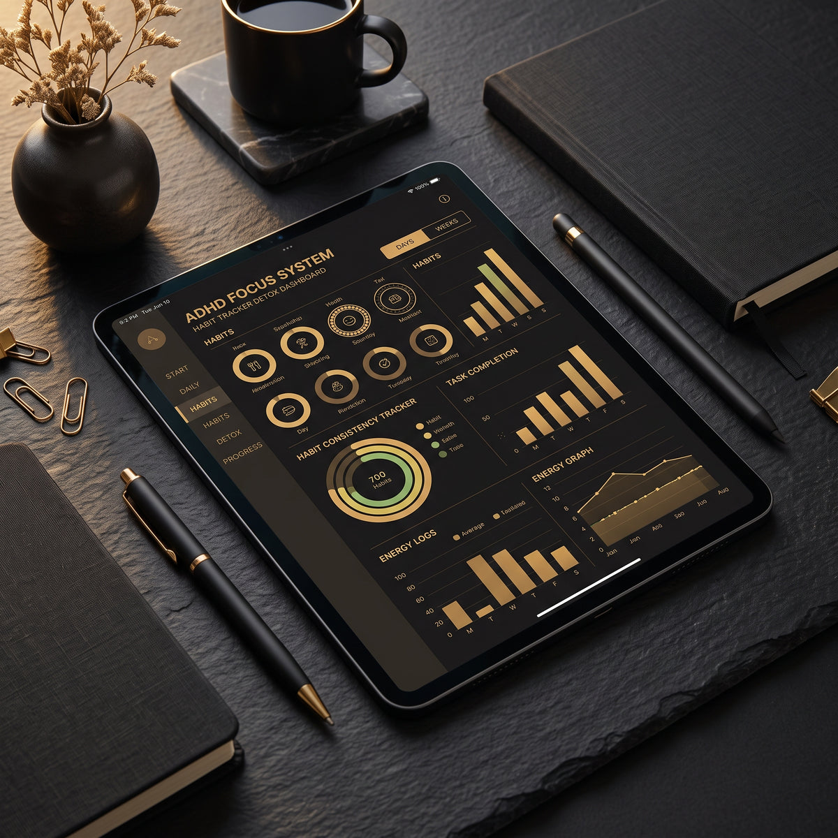 Flowtero ADHD Focus System dark mode black and gold digital planner cover displayed on iPad Pro with luxury gold pen on a textured desk.