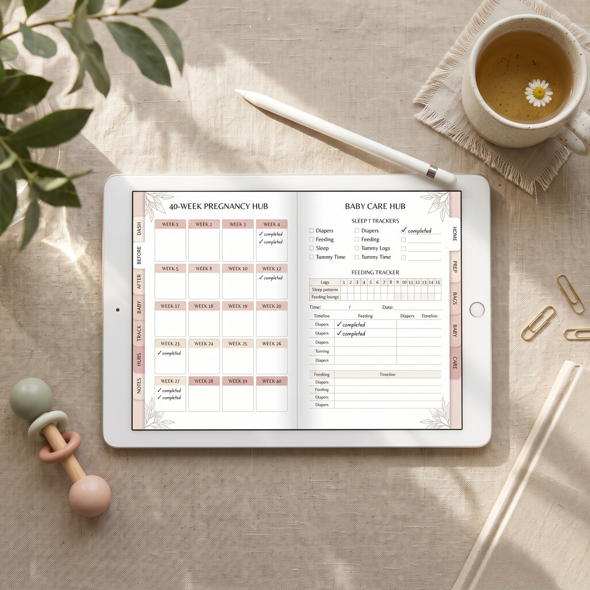 Before and After Baby Planner OS luxury white and gold edition cover displayed on an iPad Pro with ivory linen and floral desk decor.