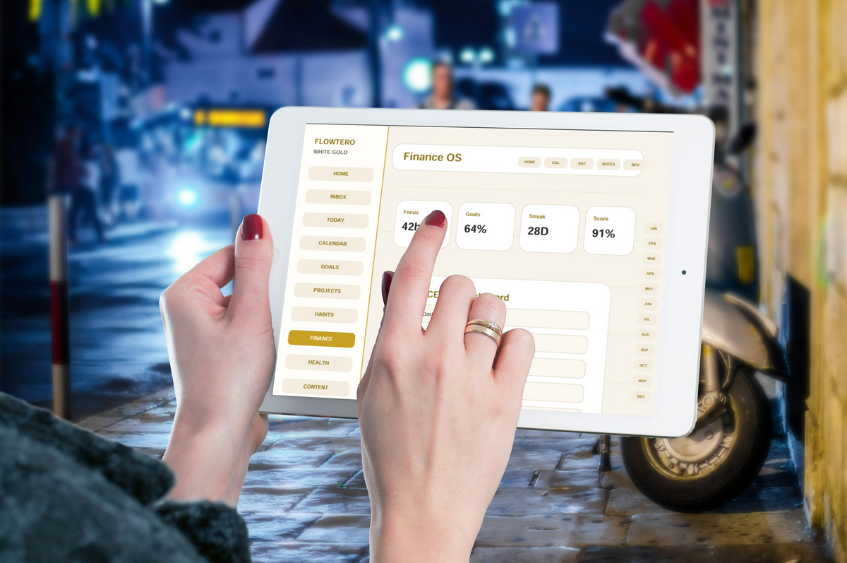 Flowtero Elite Life OS White Gold Edition digital planner interface displayed on iPad Pro with Apple Pencil