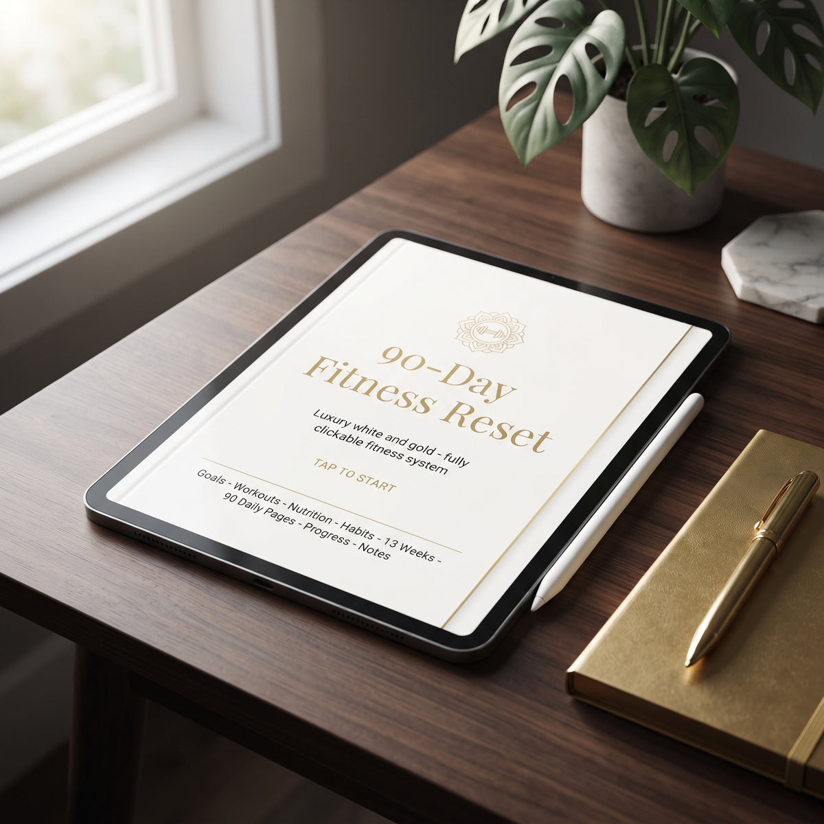 A tablet on a dark wood desk displaying a '90-Day Fitness Reset' guide, styled with a white stylus, a gold notebook, and a gold pen, with a potted plant in the background.