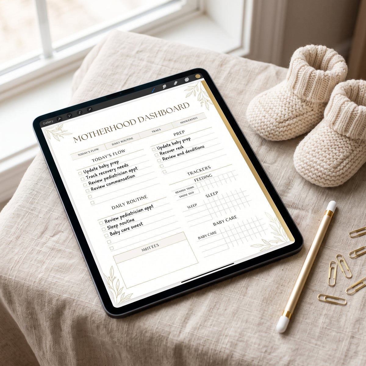 Interactive pregnancy and newborn tracking hubs with hyperlinked tabs on iPad screen in Flowtero Baby OS digital planner.