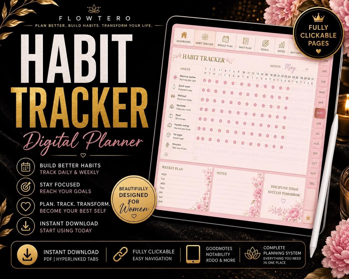 Interactive app-like 30 day habit tracker screen in Flowtero Pink Floral digital planner with clickable hyperlinked tabs on iPad.
