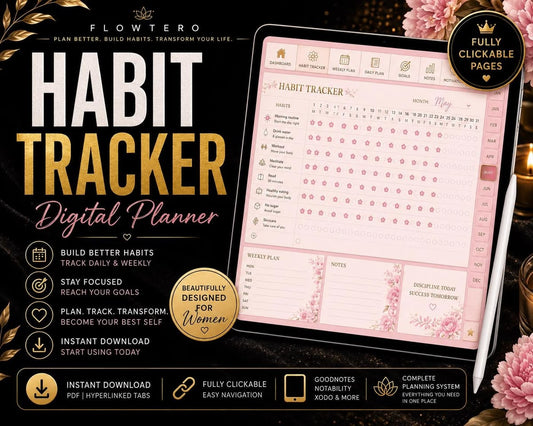 Interactive app-like 30 day habit tracker screen in Flowtero Pink Floral digital planner with clickable hyperlinked tabs on iPad.