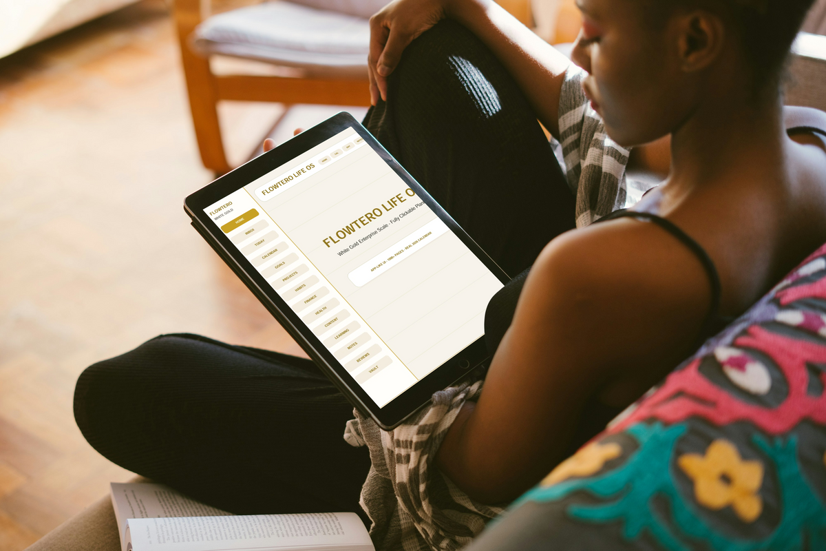 Minimalist daily and weekly execution dashboard in warm white and champagne gold for GoodNotes tablet planning