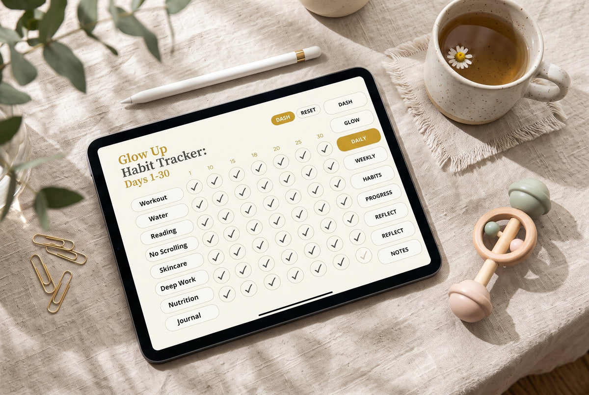 30-day habit tracker grid and system view in Flowtero Glow Up digital planner displayed flat lay on linen background.