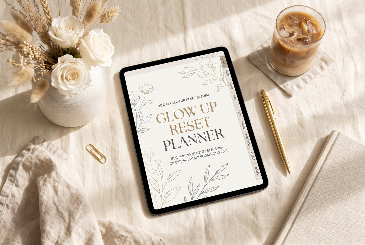 Close-up of Day 1 daily glow up check-in planner spread showing body, mindset, glow up, and discipline tracking sections on iPad screen.
