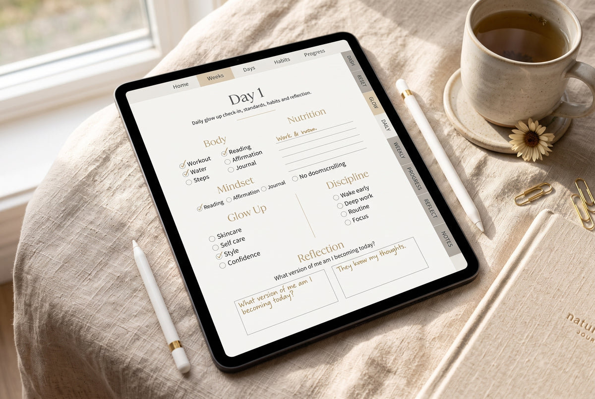 Flowtero 90-Day Glow Up Reset luxury white and gold digital planner cover displayed on iPad with white roses and coffee on a linen desk background.