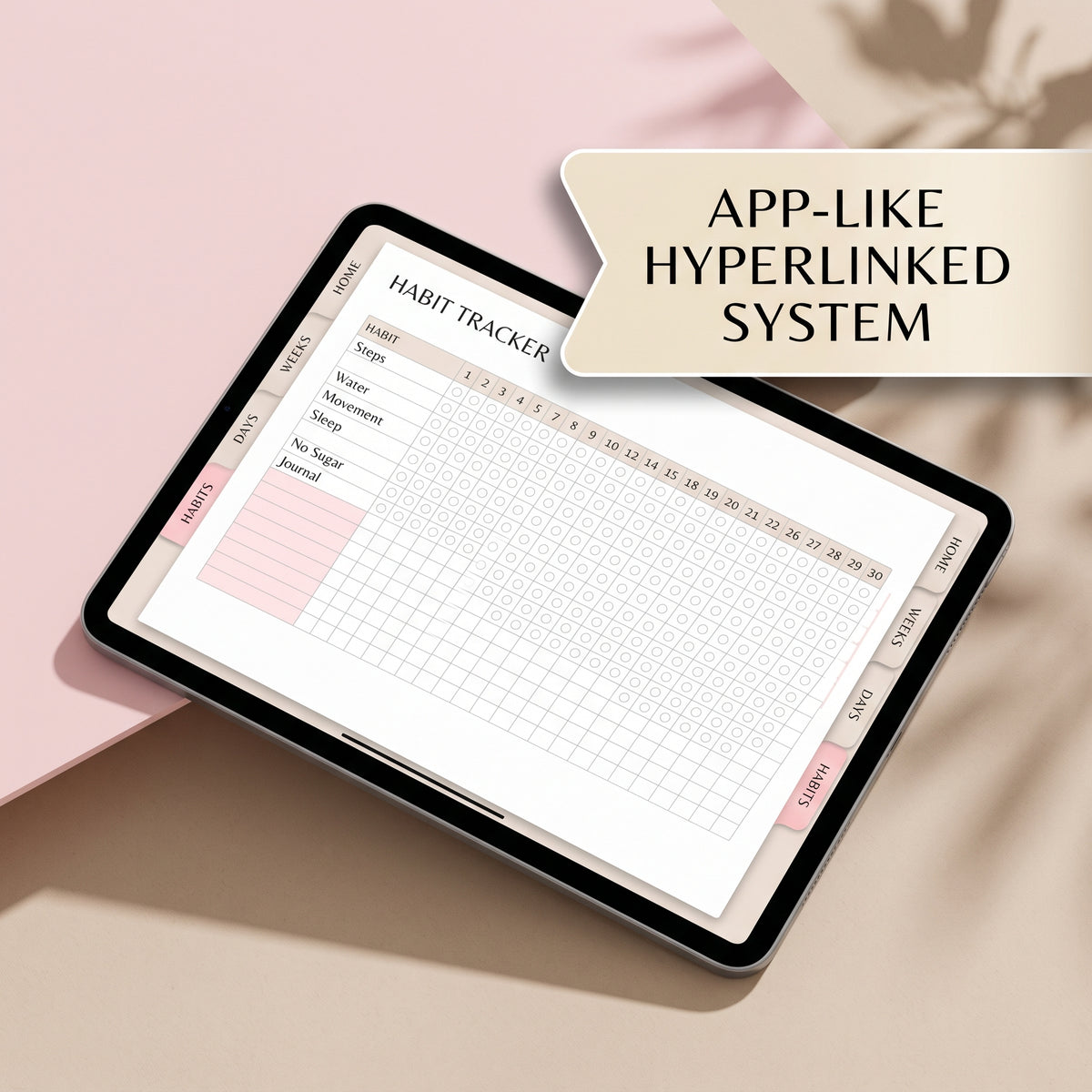 Flowtero Pink Floral 90 Day Reset digital planner cover displayed on an iPad screen with Apple Pencil and pink flowers on an aesthetic linen desk background.