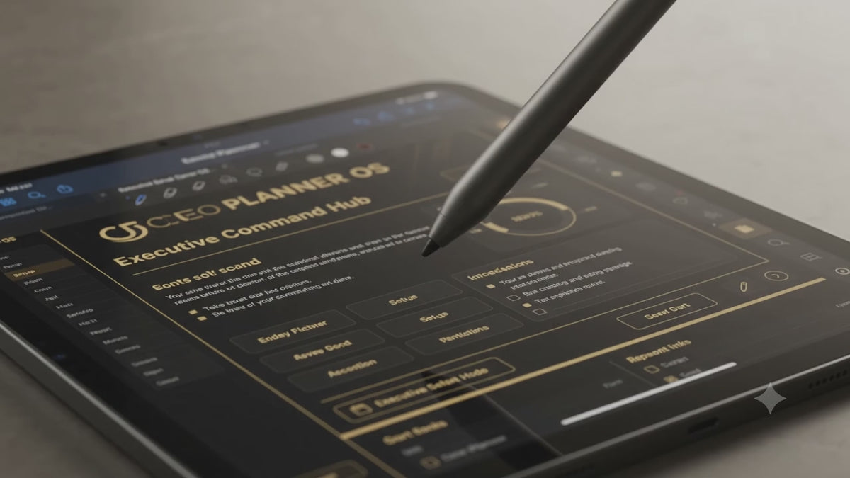 Load video: Demonstration of hyperlinked tabs and dashboard inside the Flowtero dark mode digital planner.